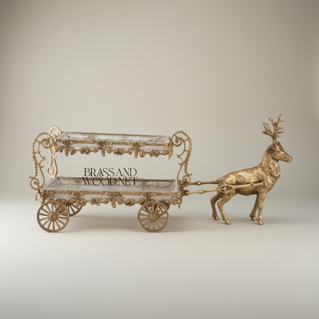 Baroque Brass Deer-Drawn Cart Candy & Chocolate Display - Double-Tier Ornate Serving Trolley