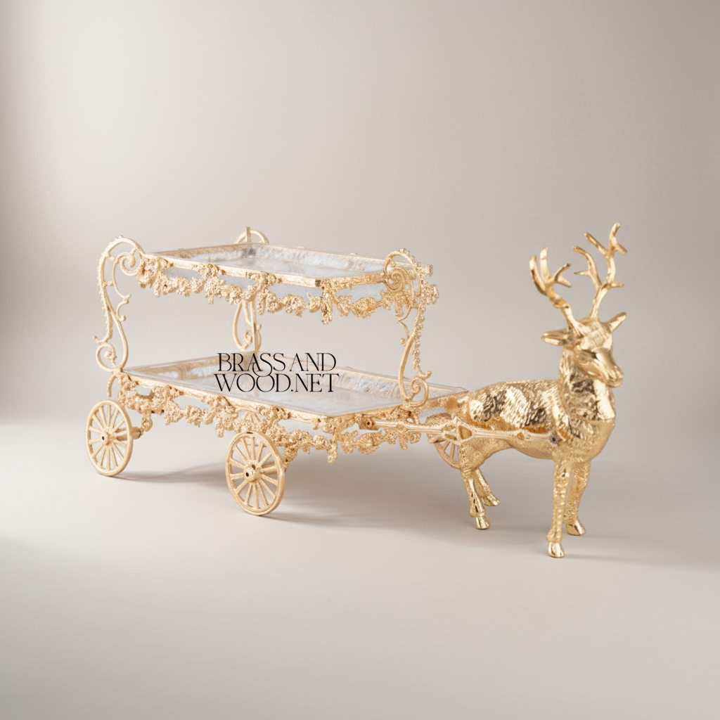 Baroque Brass Deer-Drawn Cart Candy & Chocolate Display - Double-Tier Ornate Serving Trolley — Gold