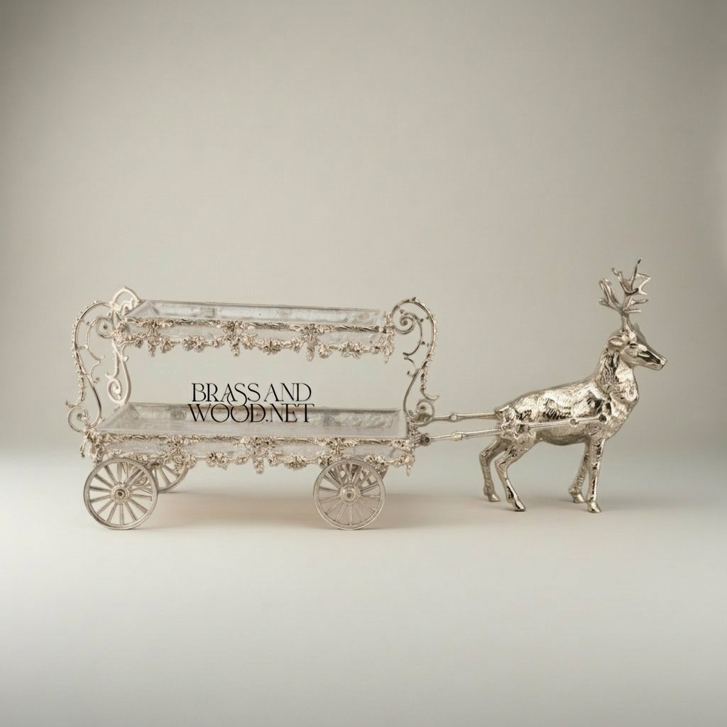 Baroque Brass Deer-Drawn Cart Candy & Chocolate Display - Double-Tier Ornate Serving Trolley — Silver
