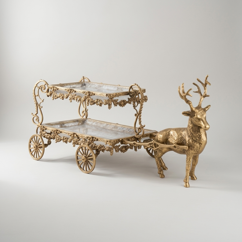 Baroque Brass Deer-Drawn Cart Candy & Chocolate Display - Double-Tier Ornate Serving Trolley