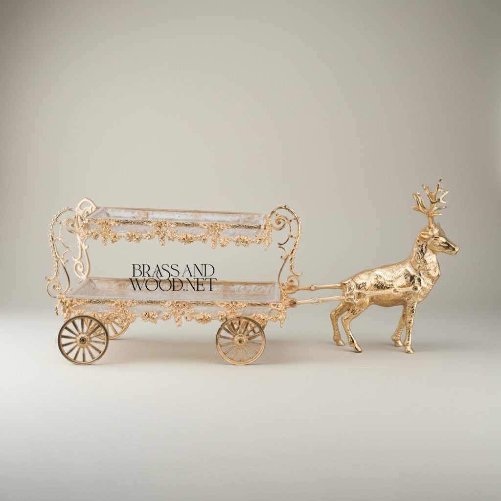 Baroque Brass Deer-Drawn Cart Candy & Chocolate Display - Double-Tier Ornate Serving Trolley — Gold
