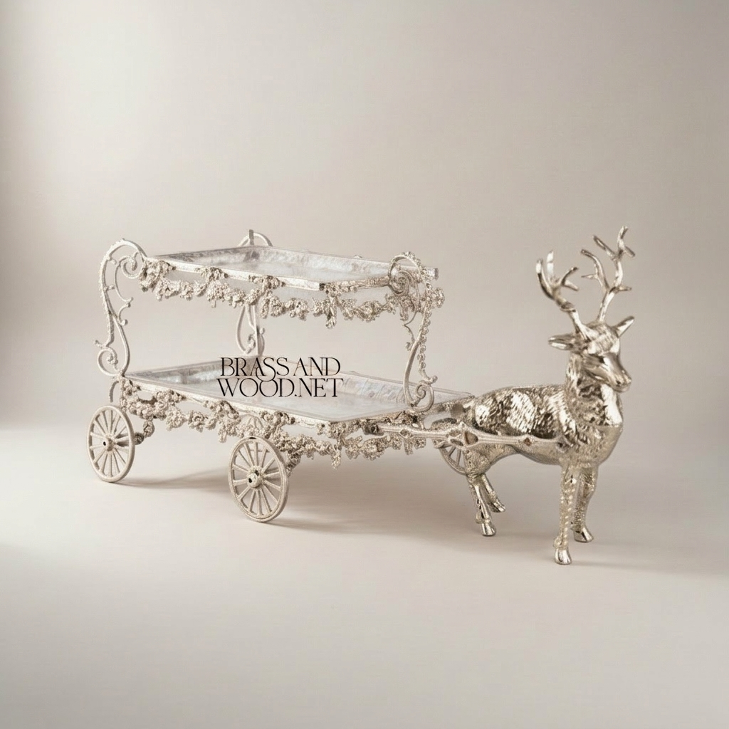 Baroque Brass Deer-Drawn Cart Candy & Chocolate Display - Double-Tier Ornate Serving Trolley — Silver