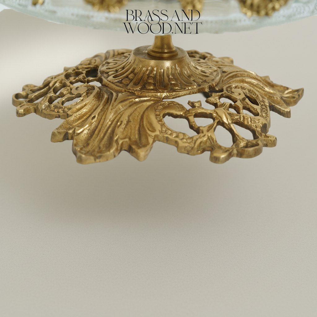 Baroque Brass & Etched Glass Footed Centerpiece Bowl - Floral Garland Rim — Antique Gold