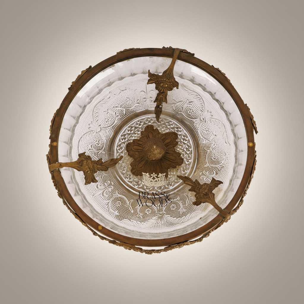 Baroque Brass & Etched Glass Footed Centerpiece Bowl - Floral Garland Rim — Antique Gold