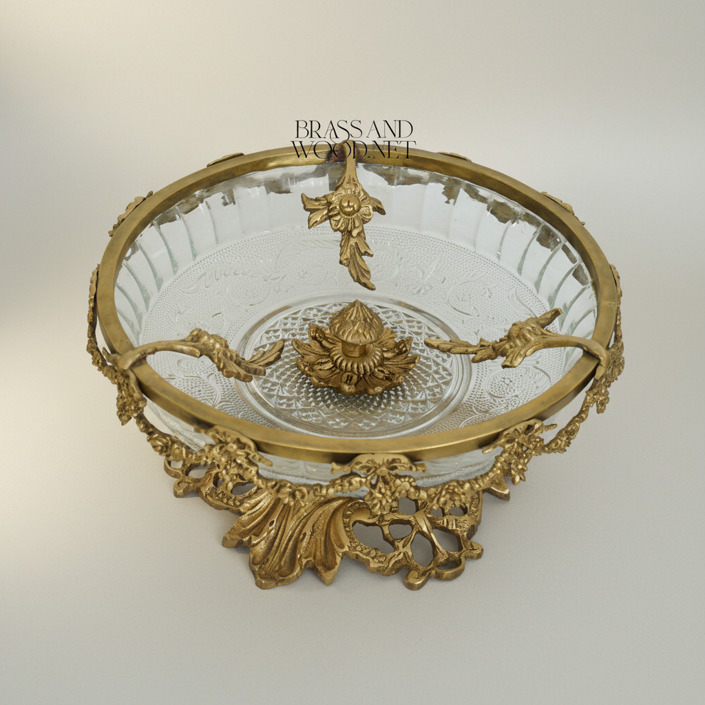 Baroque Brass & Etched Glass Footed Centerpiece Bowl - Floral Garland Rim