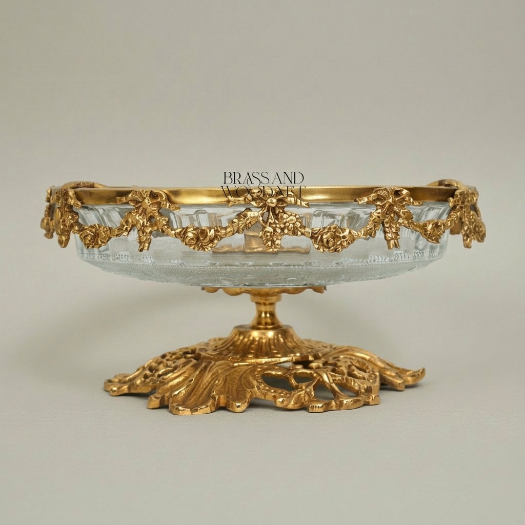 Baroque Brass & Etched Glass Footed Centerpiece Bowl - Floral Garland Rim — Gold