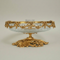 Baroque Brass & Etched Glass Footed Centerpiece Bowl - Floral Garland Rim — Gold