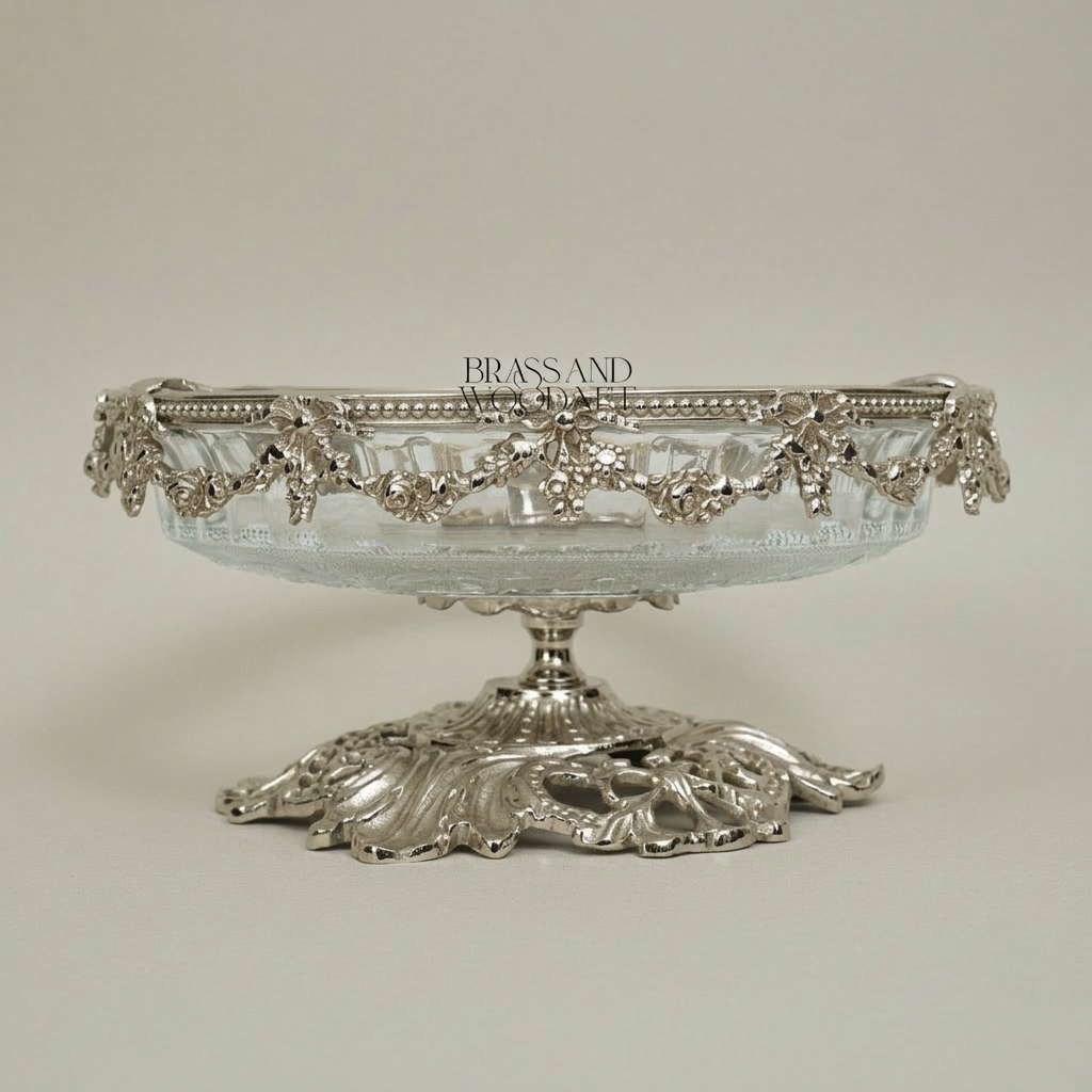 Baroque Brass & Etched Glass Footed Centerpiece Bowl - Floral Garland Rim — Silver