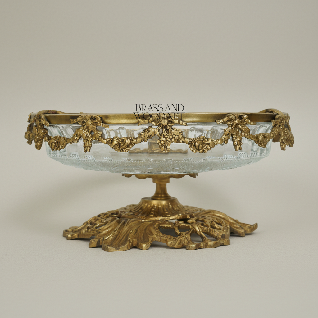 Baroque Brass & Etched Glass Footed Centerpiece Bowl - Floral Garland Rim — Antique Gold