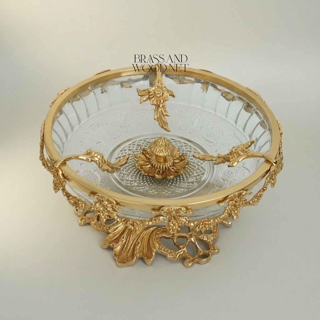 Baroque Brass & Etched Glass Footed Centerpiece Bowl - Floral Garland Rim — Gold