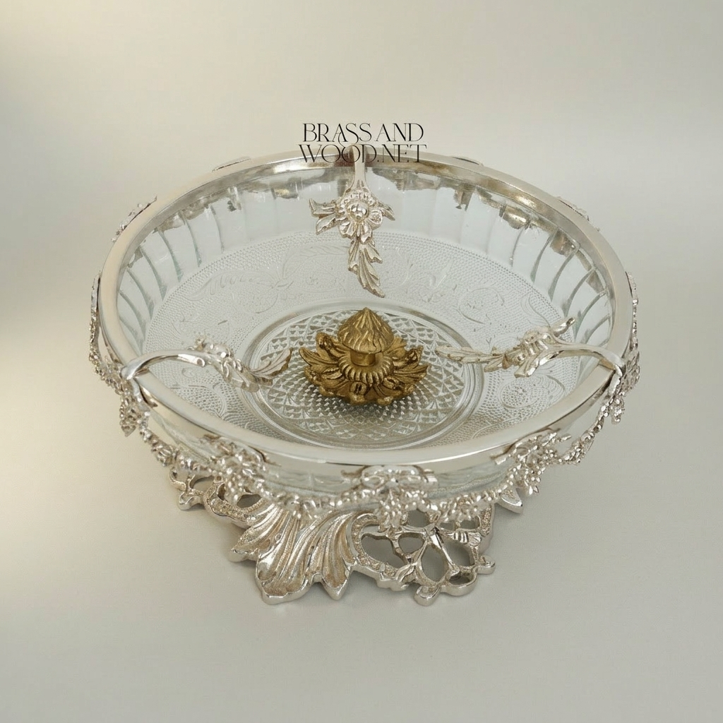 Baroque Brass & Etched Glass Footed Centerpiece Bowl - Floral Garland Rim — Silver