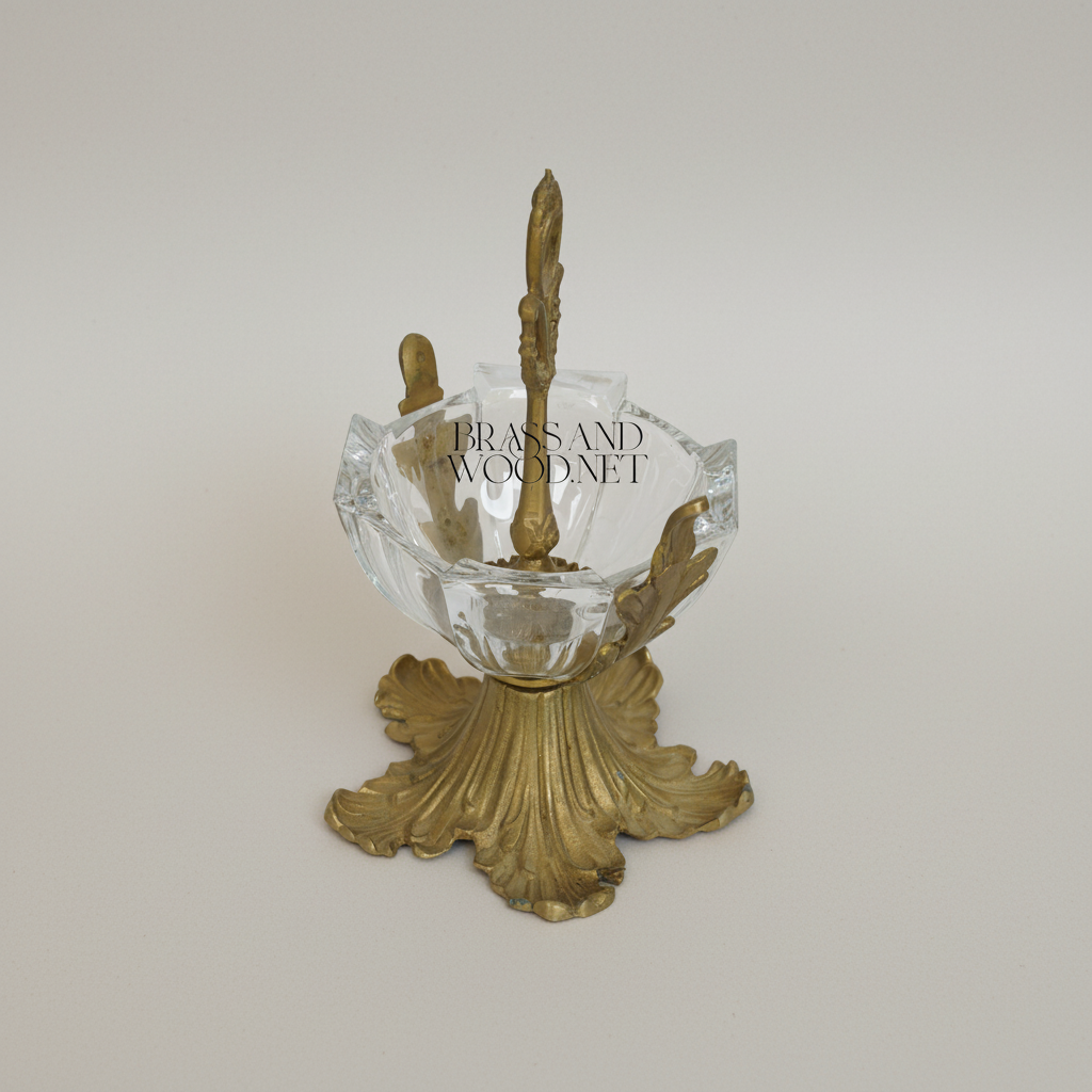 Baroque Brass & Glass Candy Dish - Acanthus Leaf Pedestal with Ornate Handle