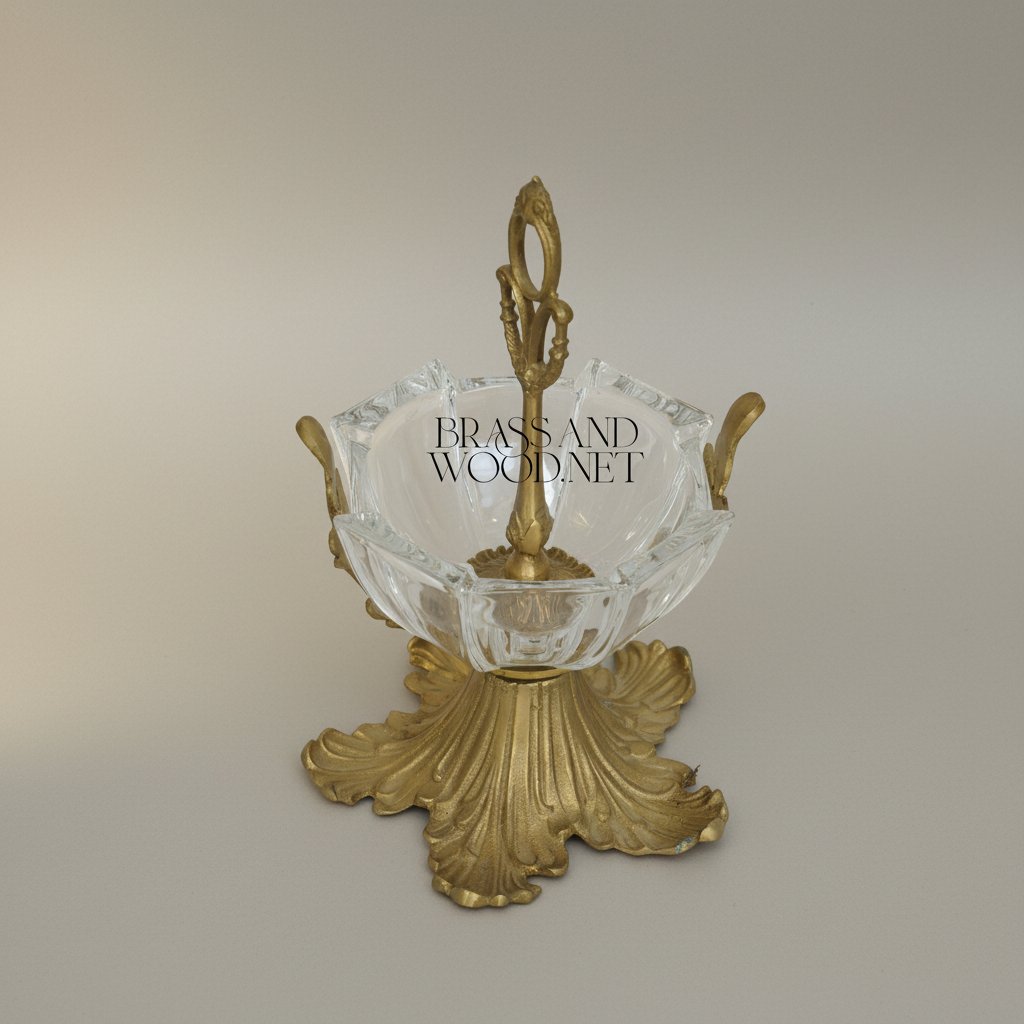 Baroque Brass & Glass Candy Dish - Acanthus Leaf Pedestal with Ornate Handle — Antique Gold