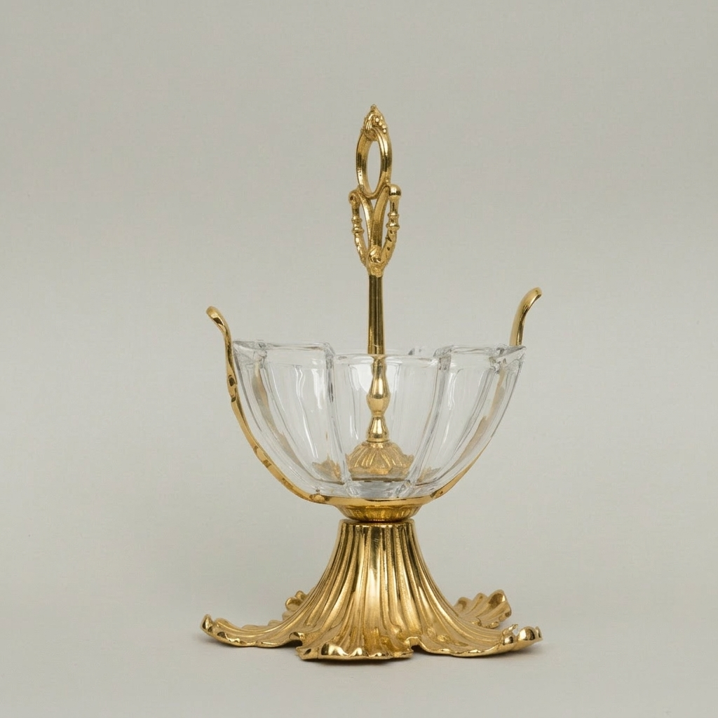 Baroque Brass & Glass Candy Dish - Acanthus Leaf Pedestal with Ornate Handle — Gold