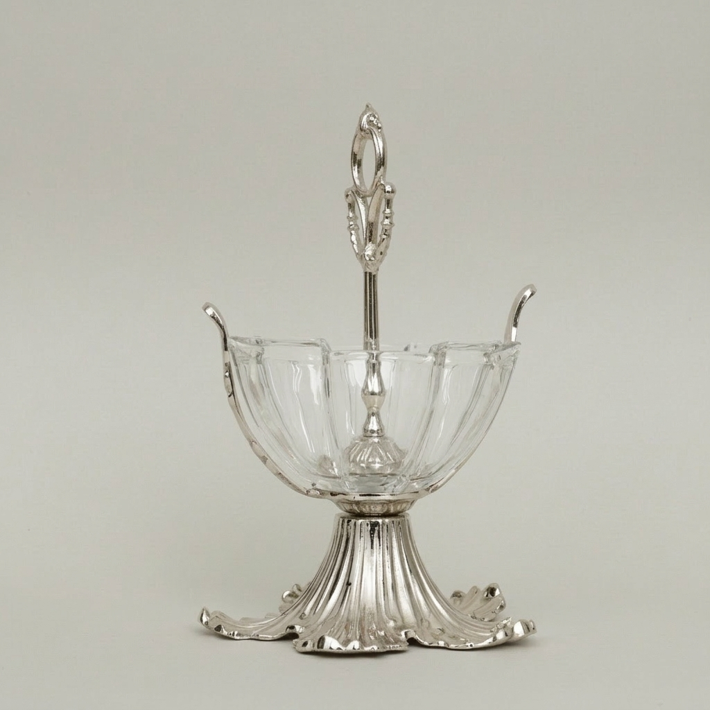 Baroque Brass & Glass Candy Dish - Acanthus Leaf Pedestal with Ornate Handle — Silver