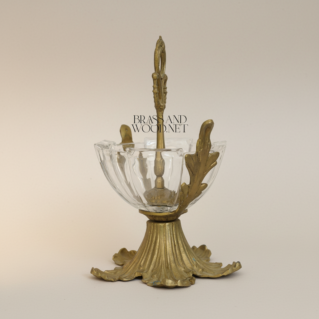 Baroque Brass & Glass Candy Dish - Acanthus Leaf Pedestal with Ornate Handle