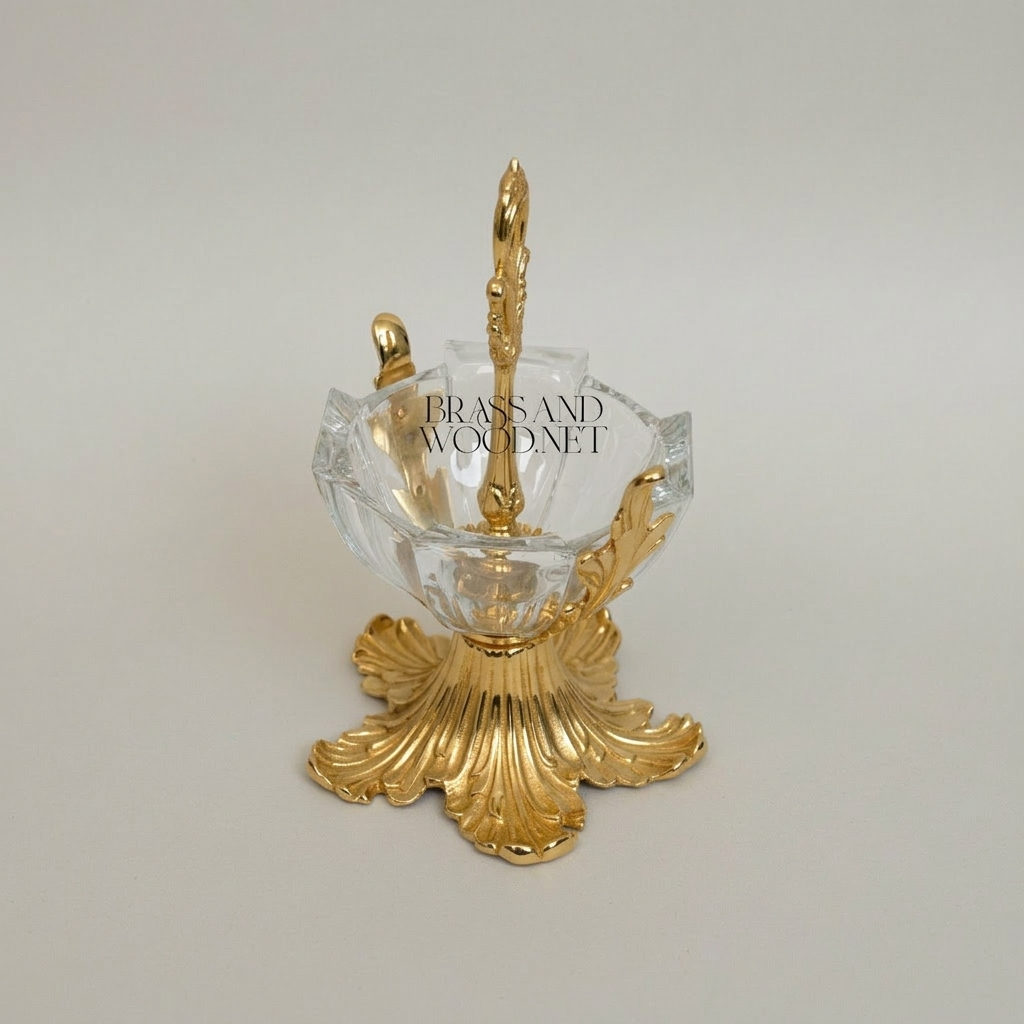Baroque Brass & Glass Candy Dish - Acanthus Leaf Pedestal with Ornate Handle — Gold