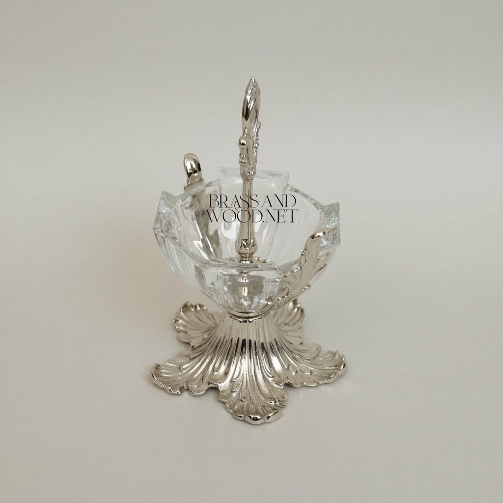Baroque Brass & Glass Candy Dish - Acanthus Leaf Pedestal with Ornate Handle — Silver