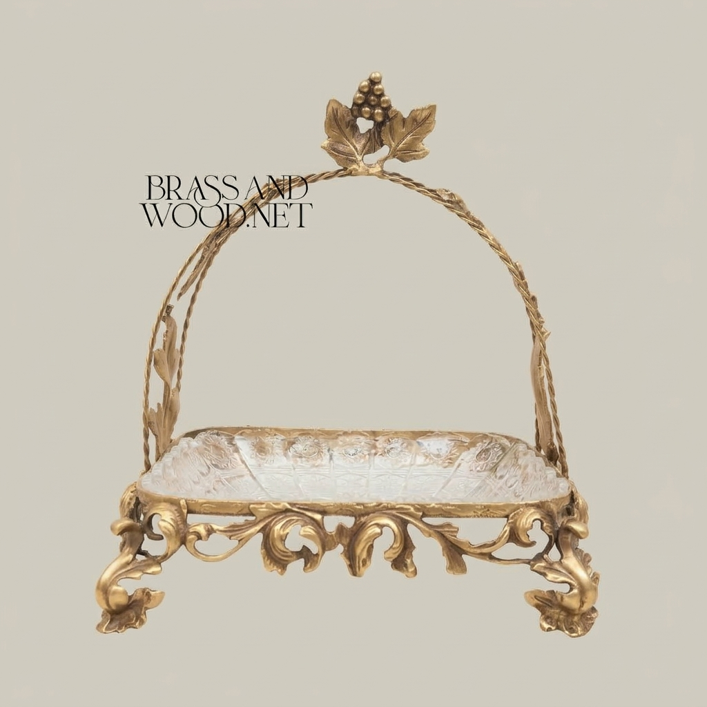 Baroque Brass & Glass Candy Dish - Arched Canopy with Acanthus Leaf Ornaments — Antique Gold