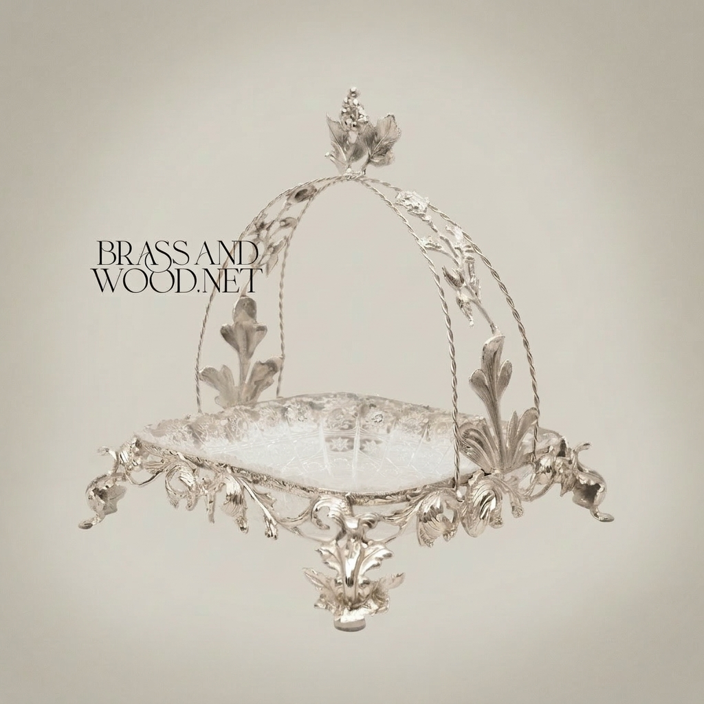 Baroque Brass & Glass Candy Dish - Arched Canopy with Acanthus Leaf Ornaments — Silver