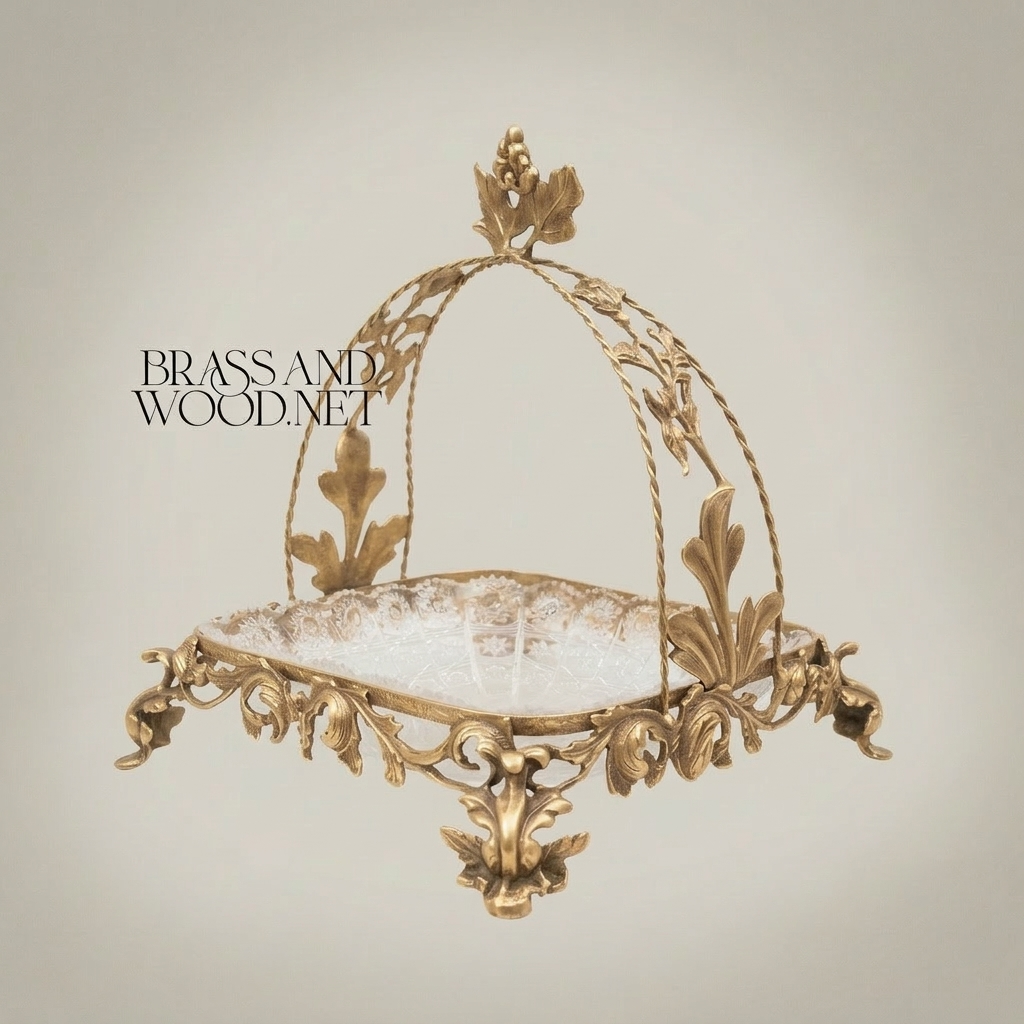 Baroque Brass & Glass Candy Dish - Arched Canopy with Acanthus Leaf Ornaments — Antique Gold