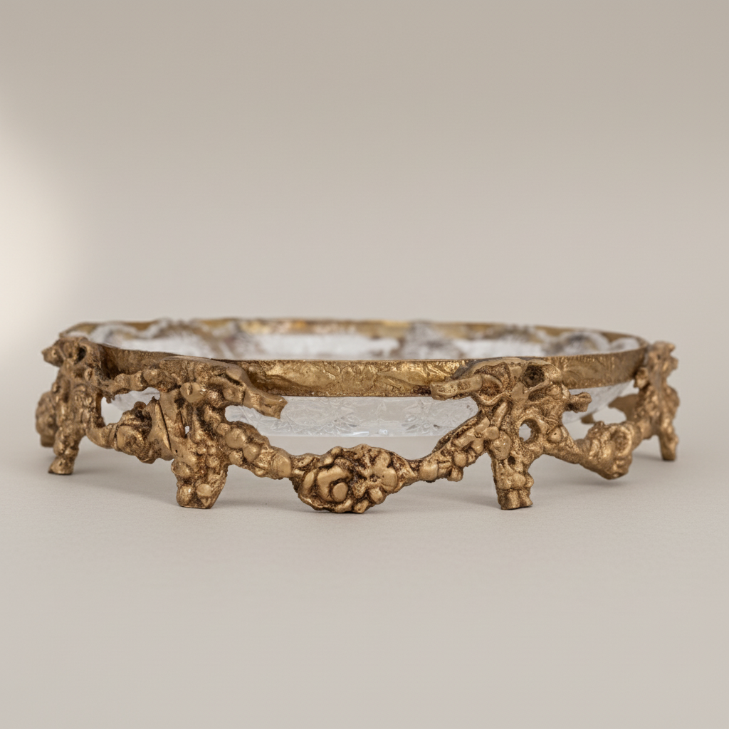 Baroque Brass & Glass Candy Dish - Ornate Floral Filigree Round Tray