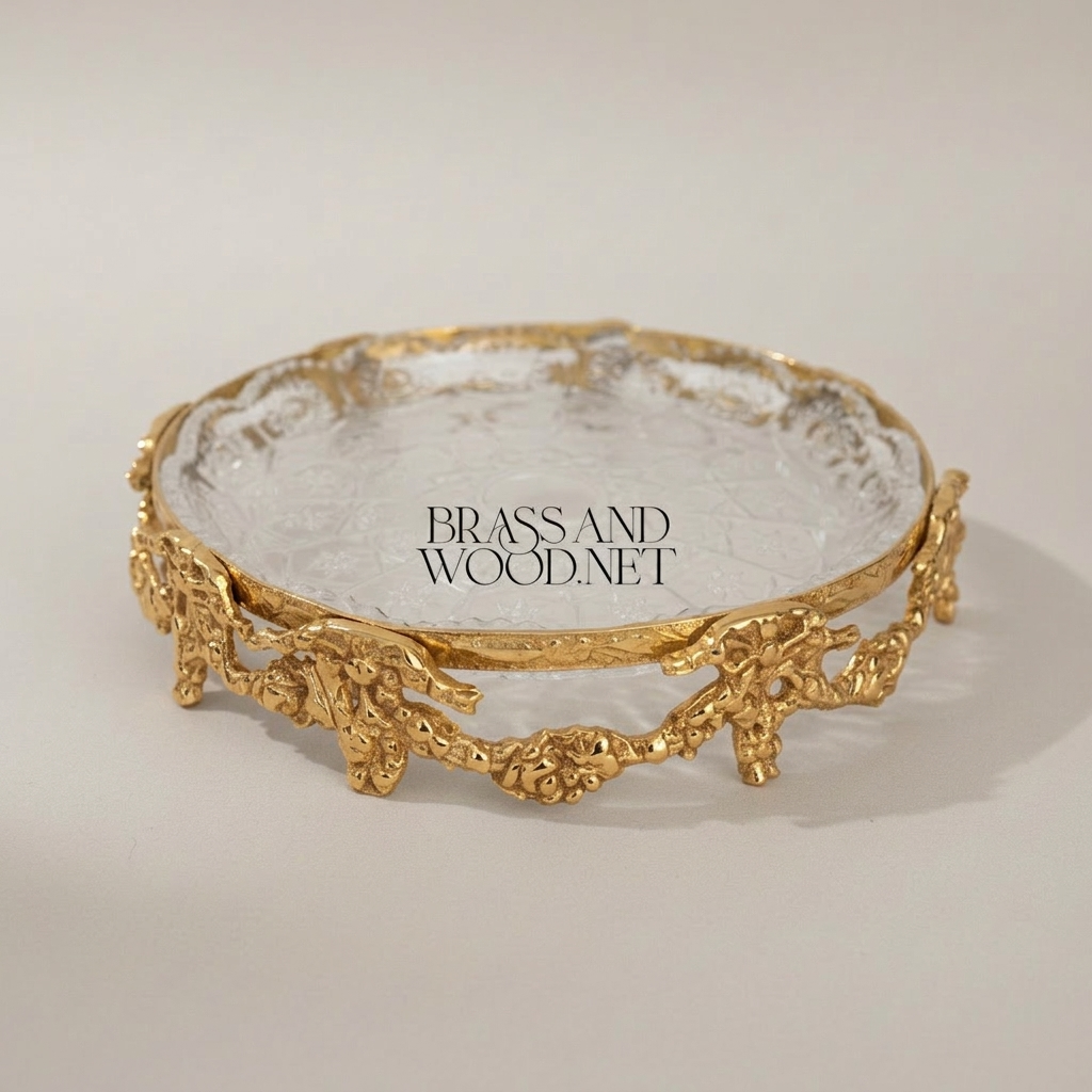 Baroque Brass & Glass Candy Dish - Ornate Floral Filigree Round Tray — Gold