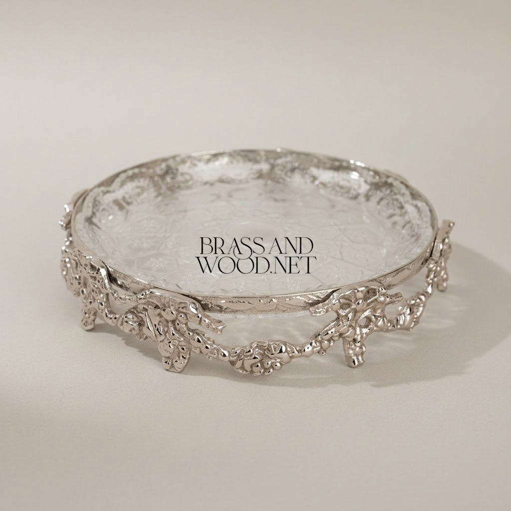 Baroque Brass & Glass Candy Dish - Ornate Floral Filigree Round Tray — Silver