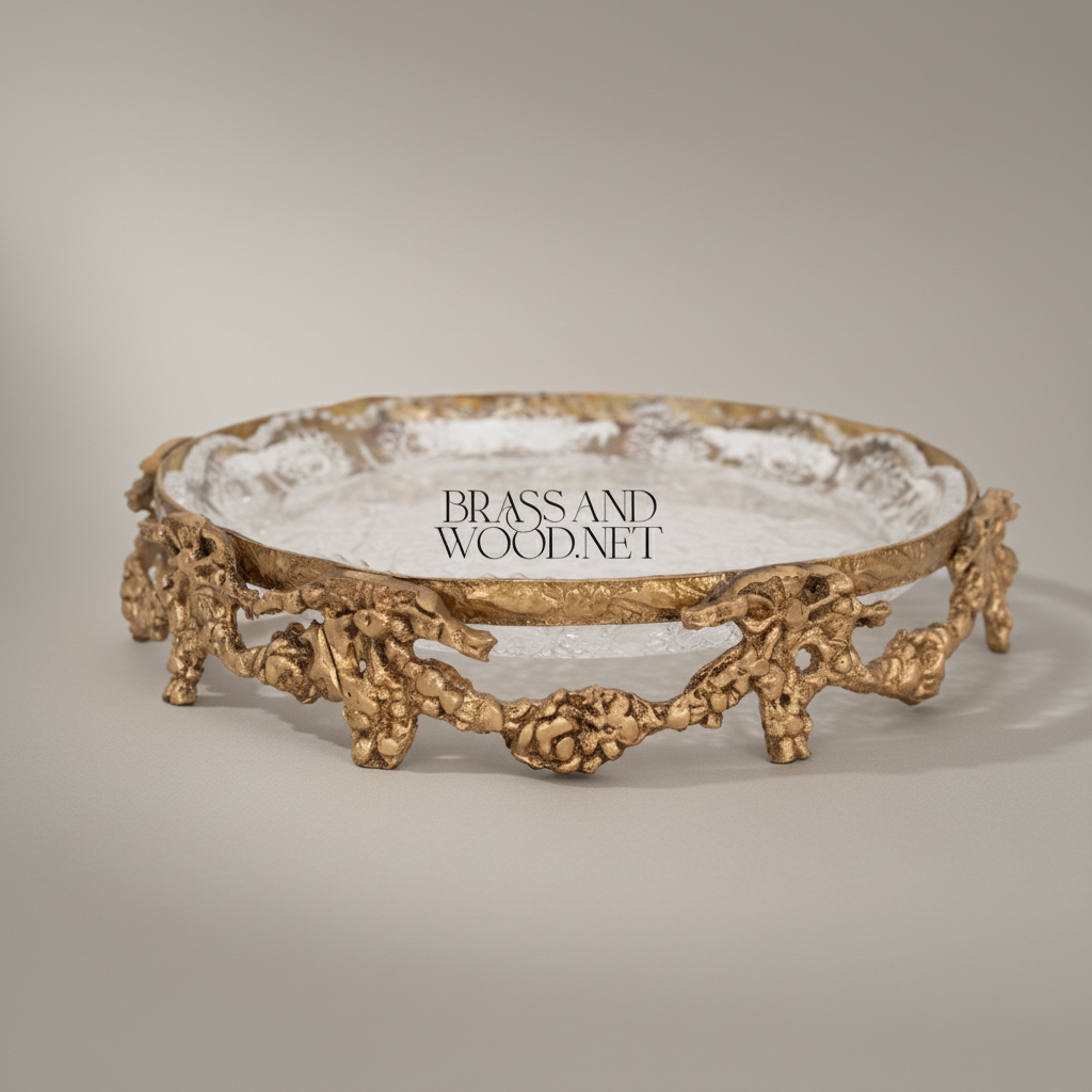 Baroque Brass & Glass Candy Dish - Ornate Floral Filigree Round Tray — Antique Gold