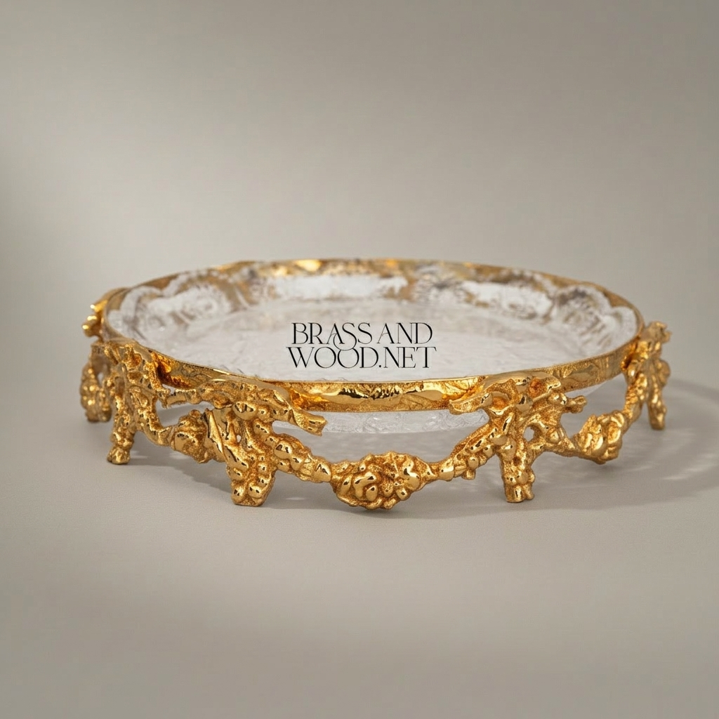 Baroque Brass & Glass Candy Dish - Ornate Floral Filigree Round Tray — Gold