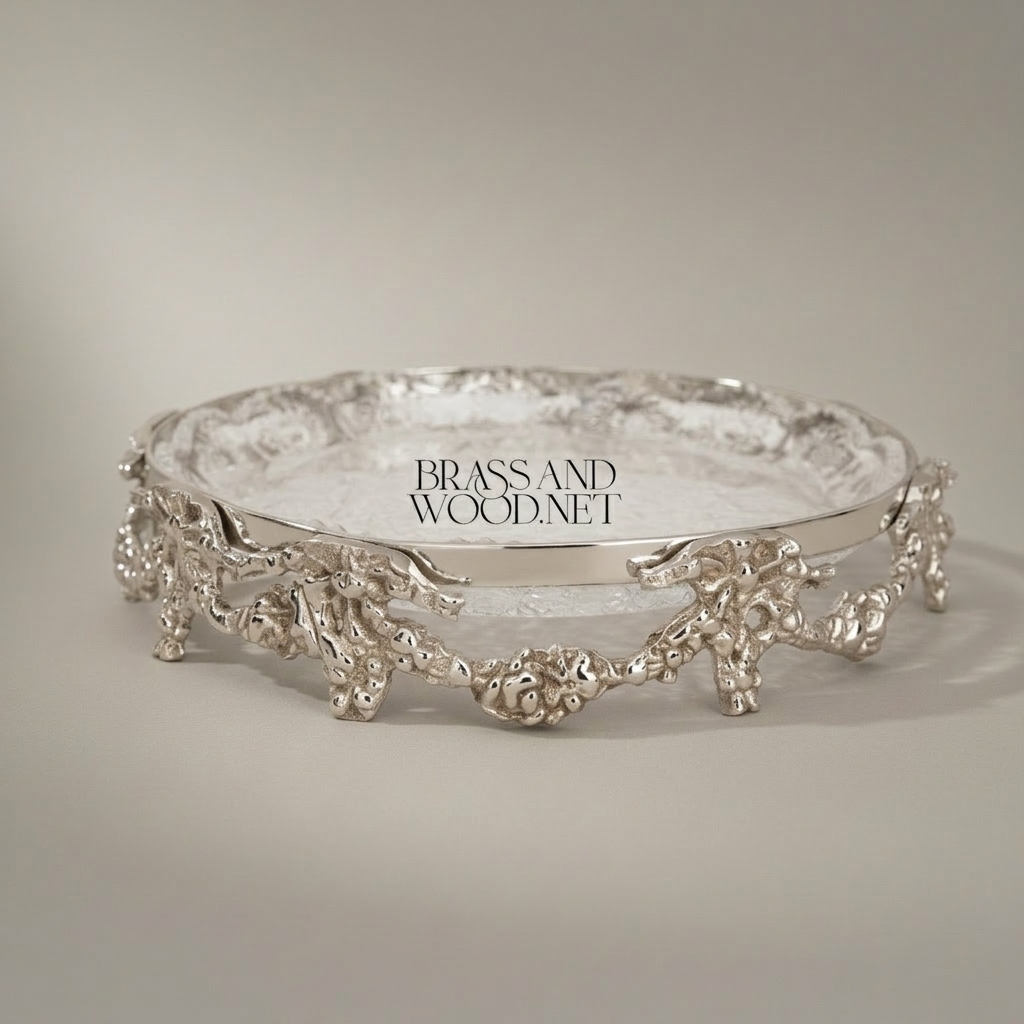 Baroque Brass & Glass Candy Dish - Ornate Floral Filigree Round Tray — Silver