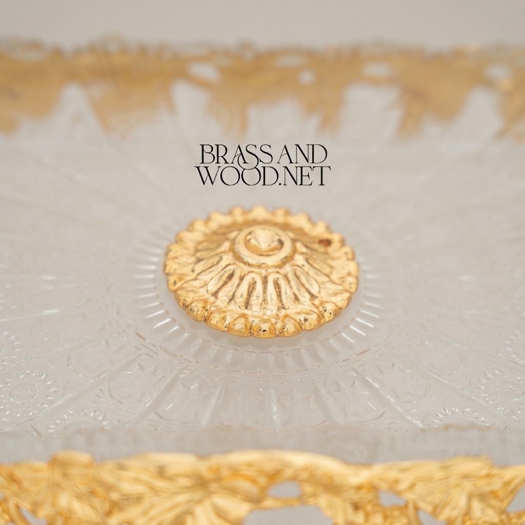 Baroque Brass & Glass Oval Serving Tray - Grapevine Leaf Frame with Shell Medallion