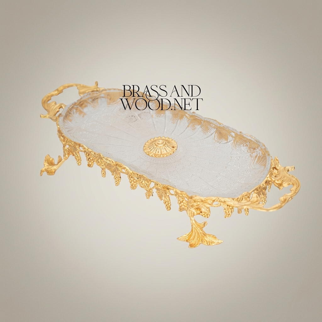 Baroque Brass & Glass Oval Serving Tray - Grapevine Leaf Frame with Shell Medallion