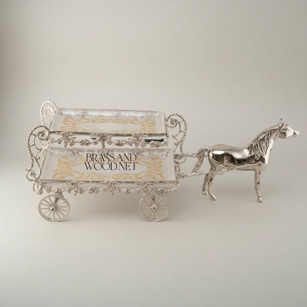 Baroque Brass Horse-Drawn Carriage Candy & Chocolate Dish - Two-Tier Floral Scrollwork — Silver