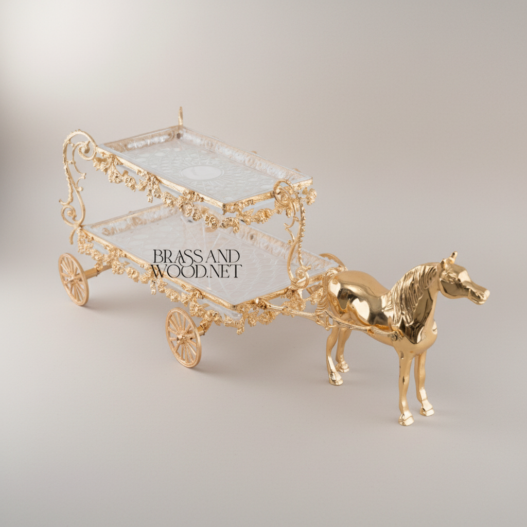 Baroque Brass Horse-Drawn Carriage Candy & Chocolate Dish - Two-Tier Floral Scrollwork — Gold