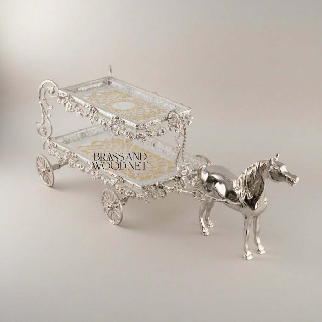 Baroque Brass Horse-Drawn Carriage Candy & Chocolate Dish - Two-Tier Floral Scrollwork — Silver