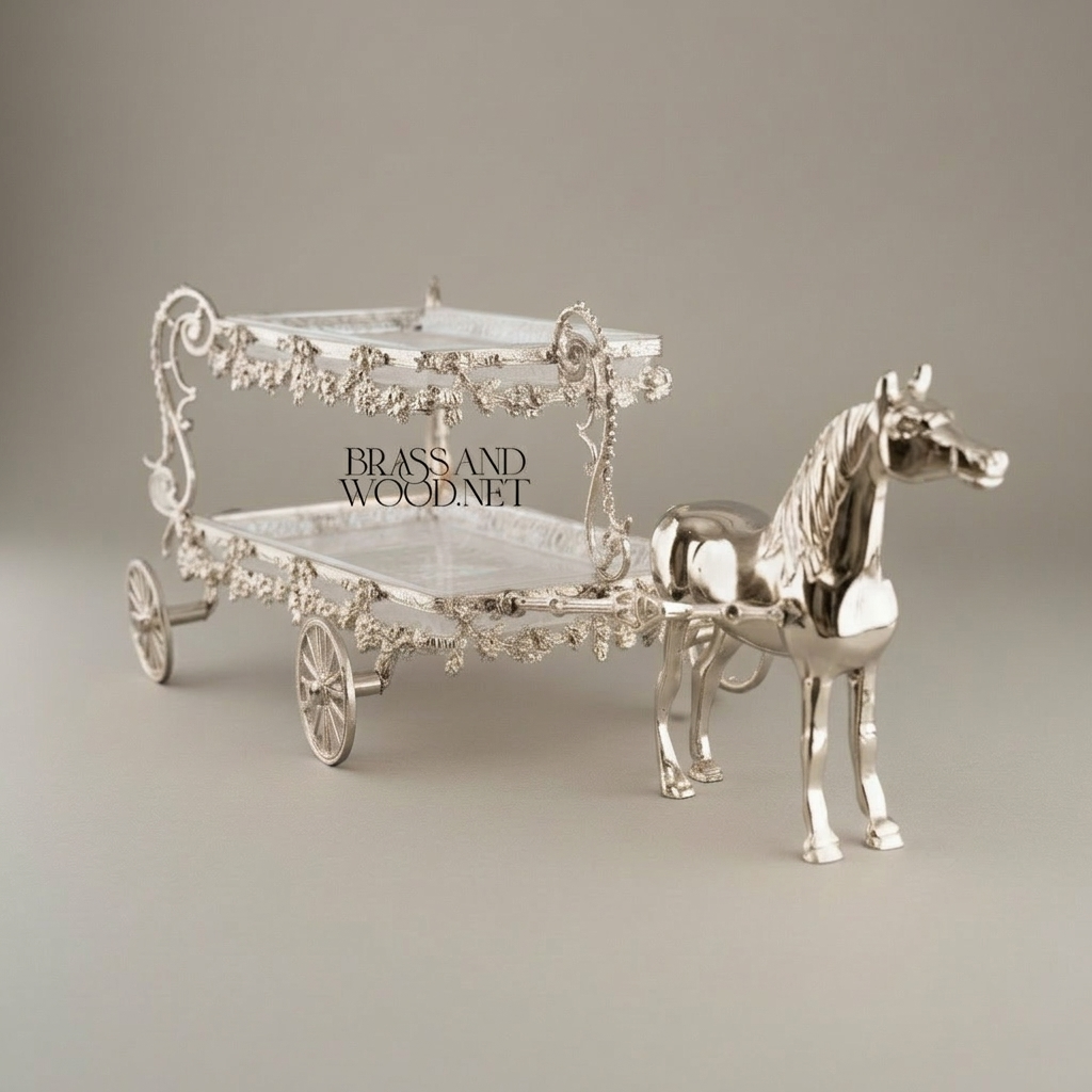 Baroque Brass Horse-Drawn Carriage Candy & Chocolate Dish - Two-Tier Floral Scrollwork — Silver