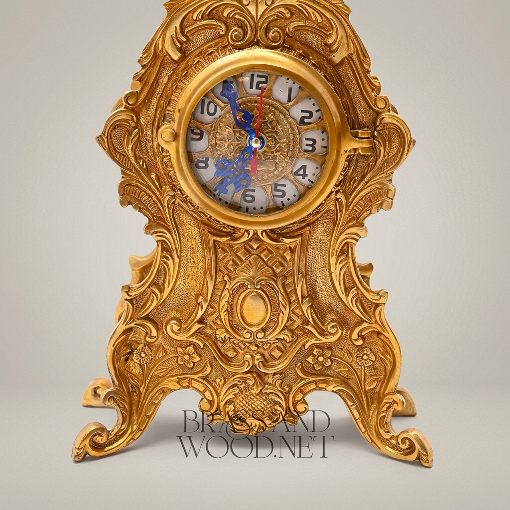 Baroque Brass Mantel Clock & Candelabra Set - Heavily Ornate 3-Piece with Scroll & Acanthus Carvings — Antique Gold