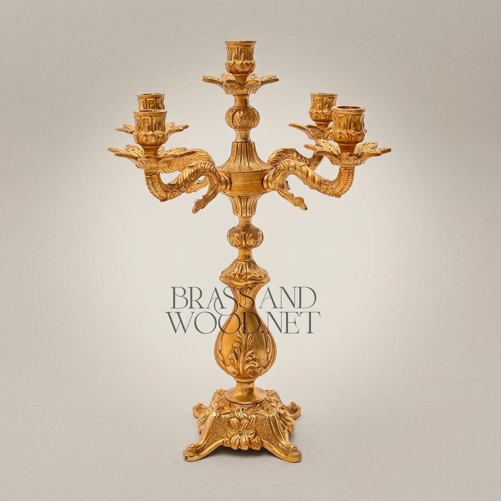 Baroque Brass Mantel Clock & Candelabra Set - Heavily Ornate 3-Piece with Scroll & Acanthus Carvings