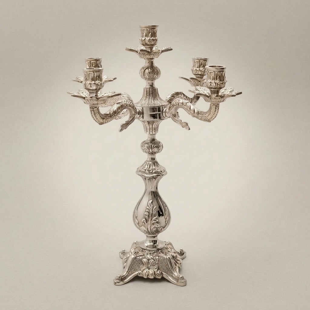 Baroque Brass Mantel Clock & Candelabra Set - Heavily Ornate 3-Piece with Scroll & Acanthus Carvings — Silver