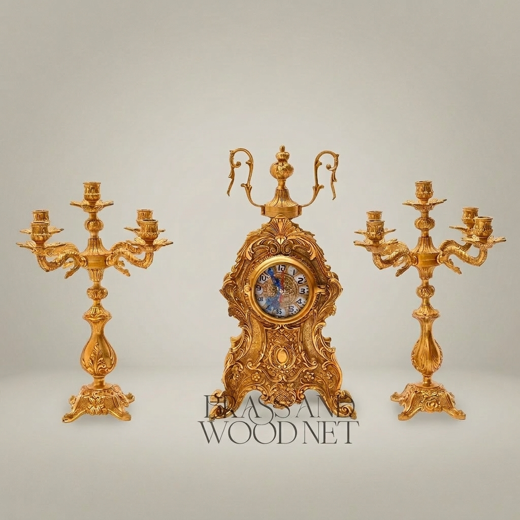 Baroque Brass Mantel Clock & Candelabra Set - Heavily Ornate 3-Piece with Scroll & Acanthus Carvings