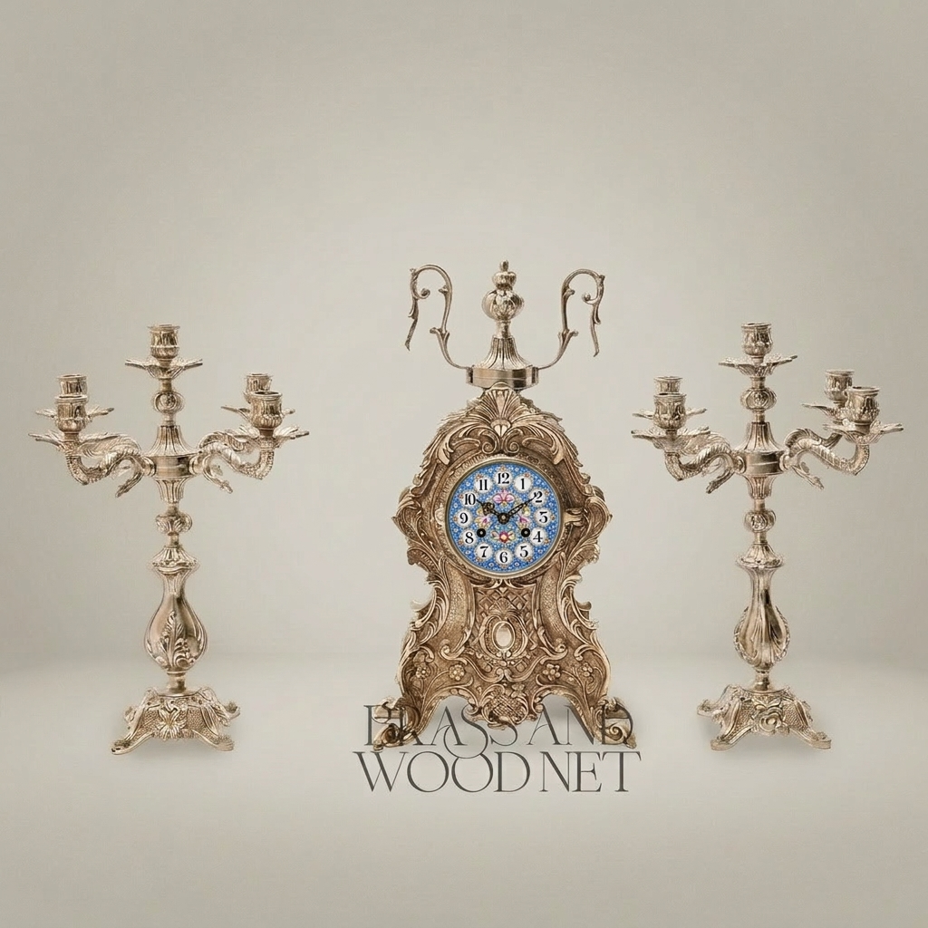 Baroque Brass Mantel Clock & Candelabra Set - Heavily Ornate 3-Piece with Scroll & Acanthus Carvings — Silver