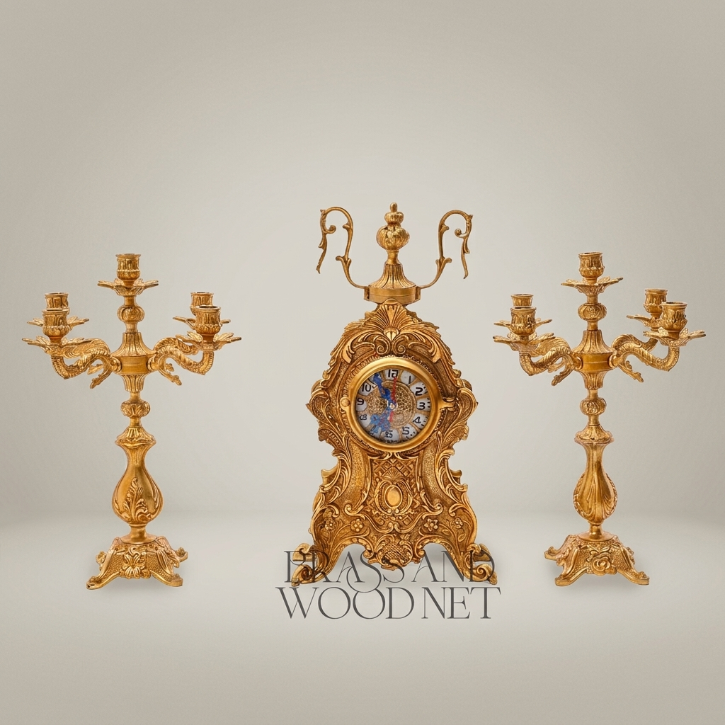 Baroque Brass Mantel Clock & Candelabra Set - Heavily Ornate 3-Piece with Scroll & Acanthus Carvings — Antique Gold