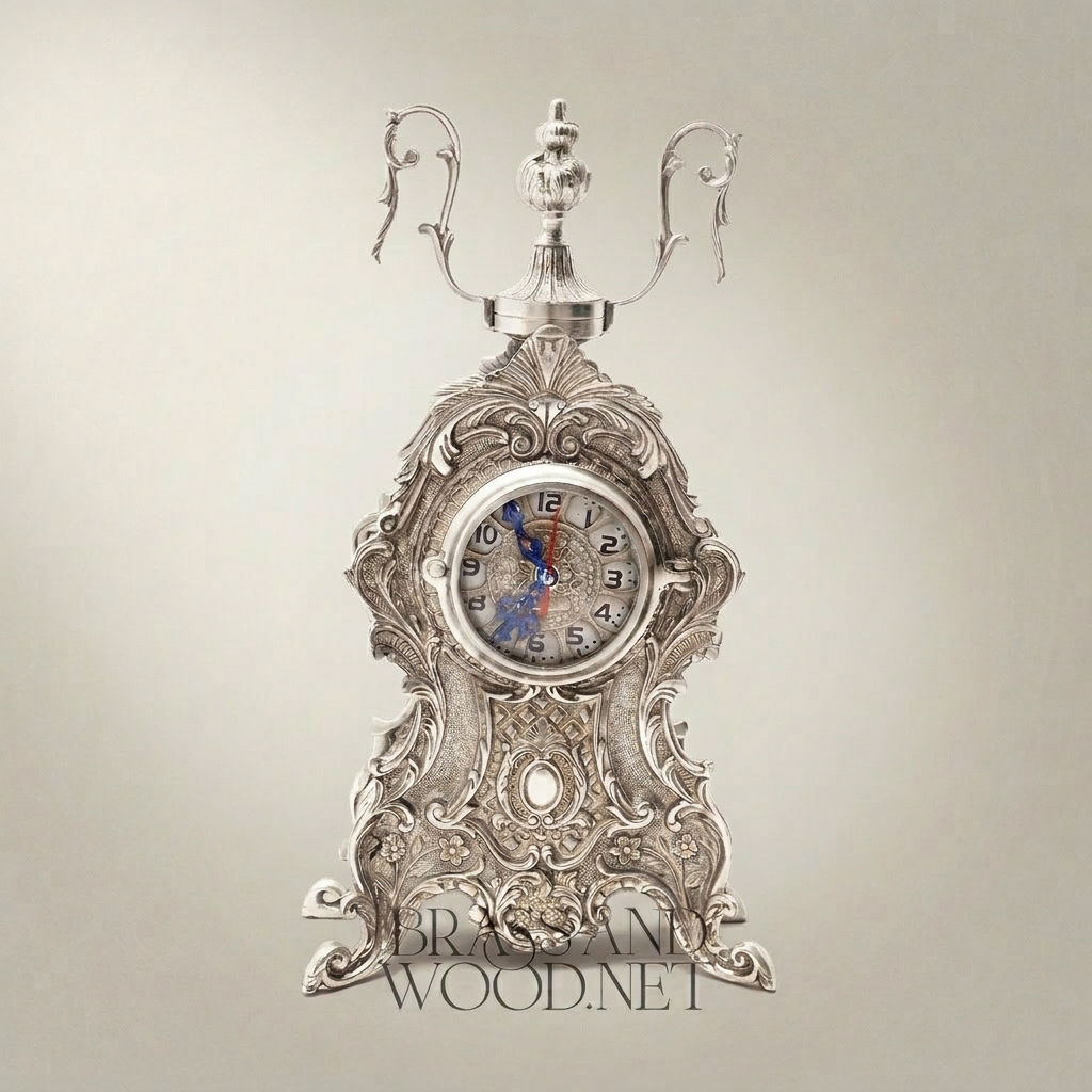 Baroque Brass Mantel Clock & Candelabra Set - Heavily Ornate 3-Piece with Scroll & Acanthus Carvings — Silver