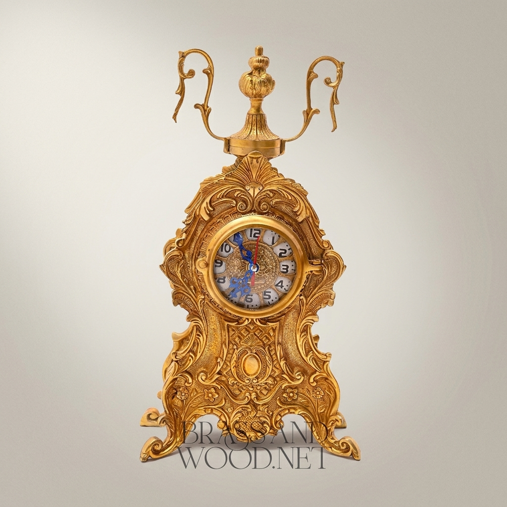 Baroque Brass Mantel Clock & Candelabra Set - Heavily Ornate 3-Piece with Scroll & Acanthus Carvings — Antique Gold