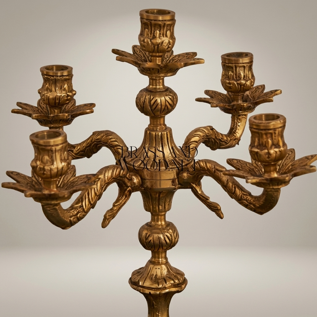 Baroque Brass Mantel Clock & Five-Arm Candelabra Set - Scrollwork Rocaille — Antique Gold