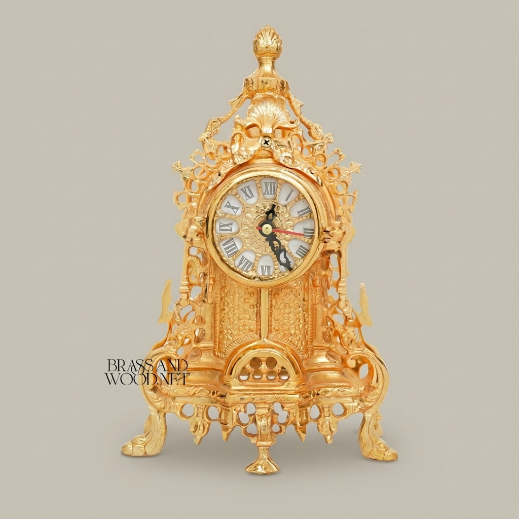 Baroque Brass Mantel Clock & Five-Arm Candelabra Set - Openwork Filigree Arch Case