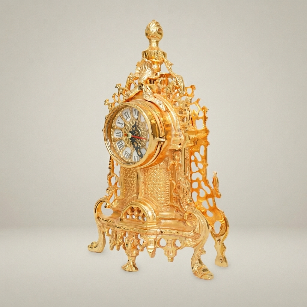 Baroque Brass Mantel Clock & Five-Arm Candelabra Set - Openwork Filigree Arch Case — Gold
