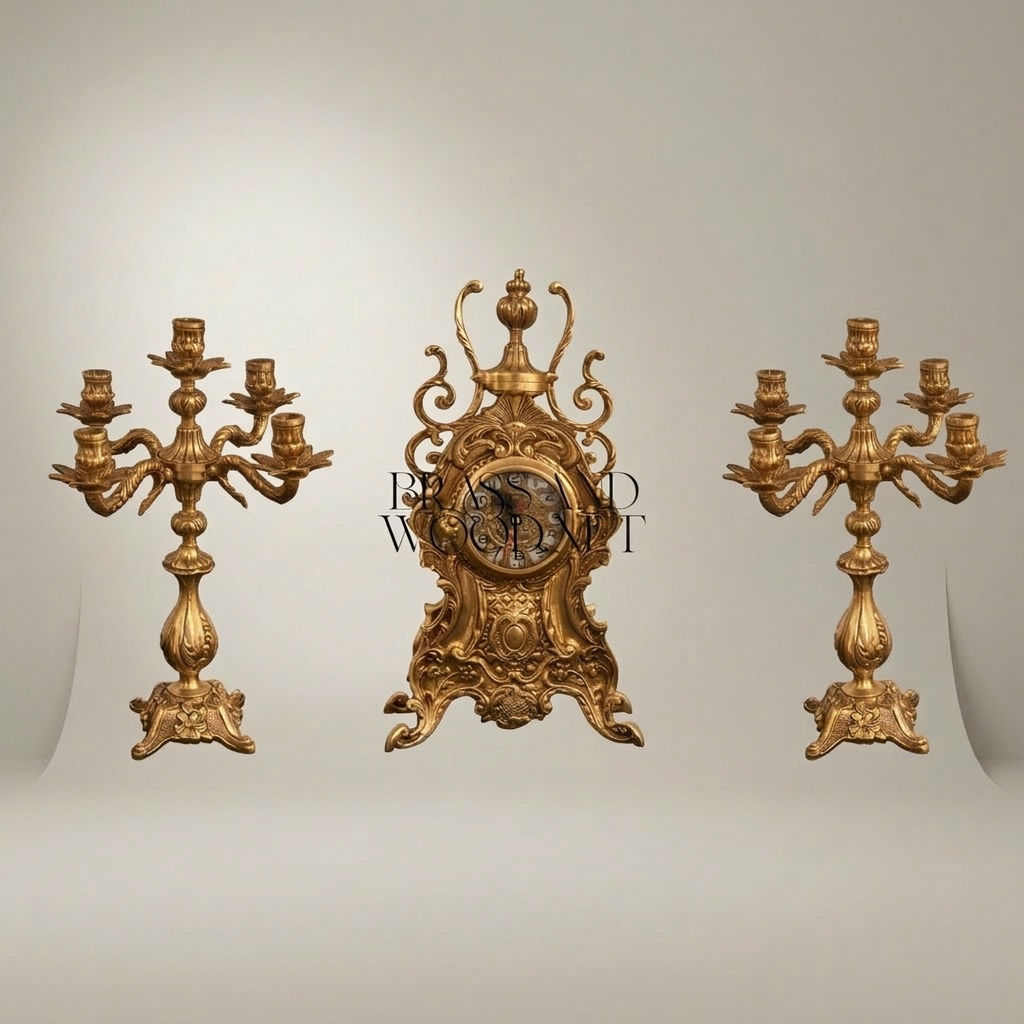 Baroque Brass Mantel Clock & Five-Arm Candelabra Set - Scrollwork Rocaille — Gold