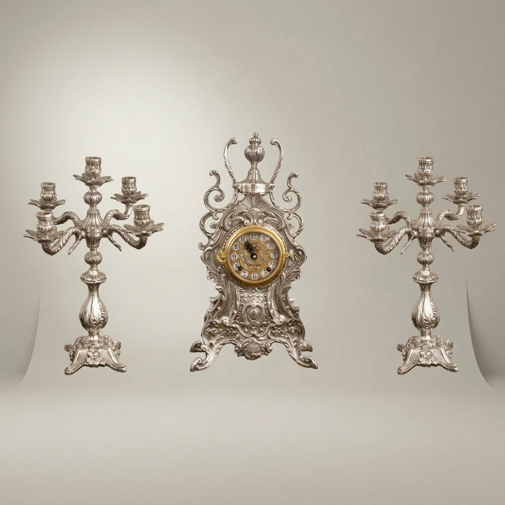 Baroque Brass Mantel Clock & Five-Arm Candelabra Set - Scrollwork Rocaille — Silver